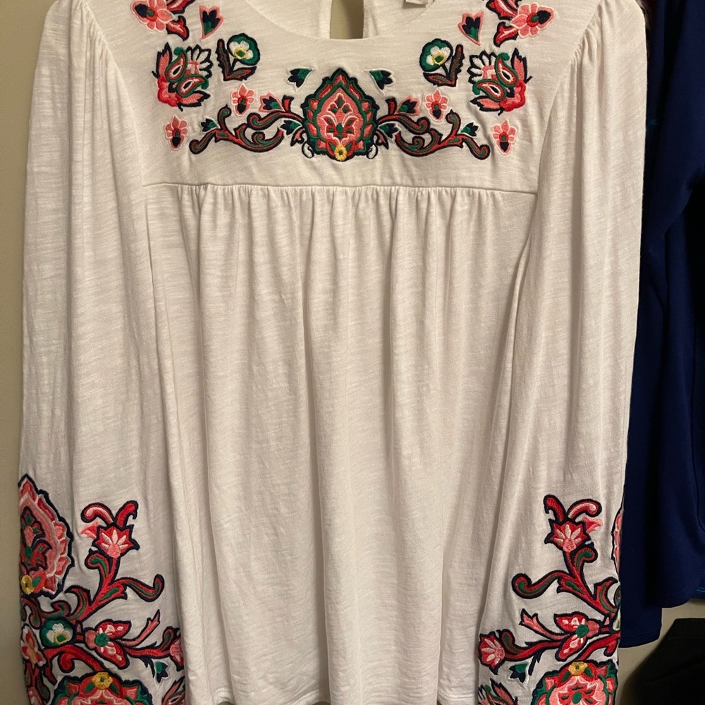 Boden White Blouse with Colorful Embroidery